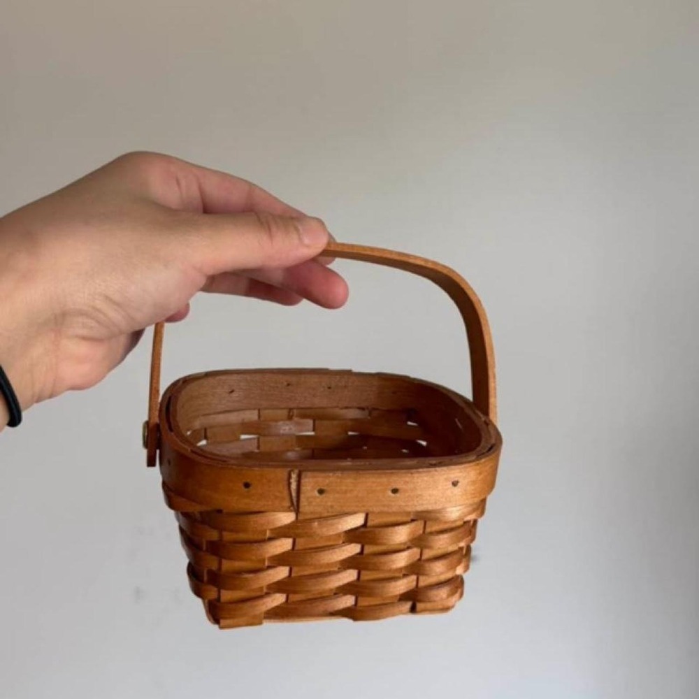 Handcrafted Brown Woven Wood Basket with Handle Rustic Farmhouse Decor